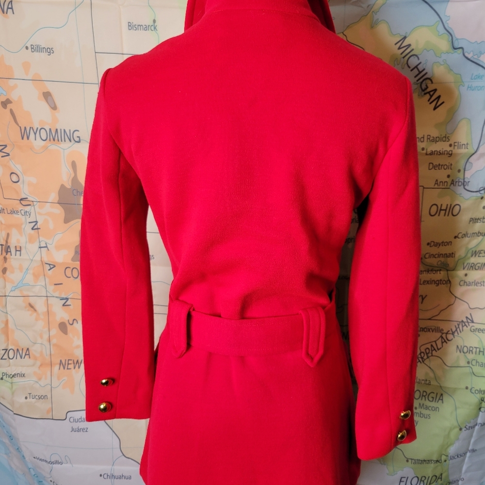 Vintage 1960s Sebastian Red Belted Jacket and Pant Suit With Gold Buttons Set - Picture 5 of 16
